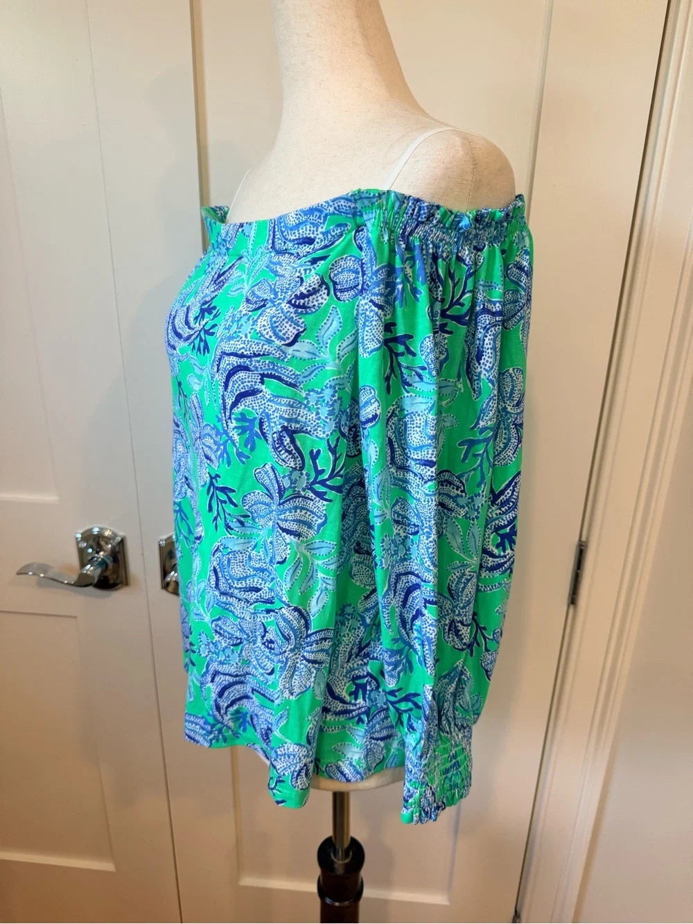 Lilly Pulitzer Aqua and Blue Off-Shoulder Floral Blouse